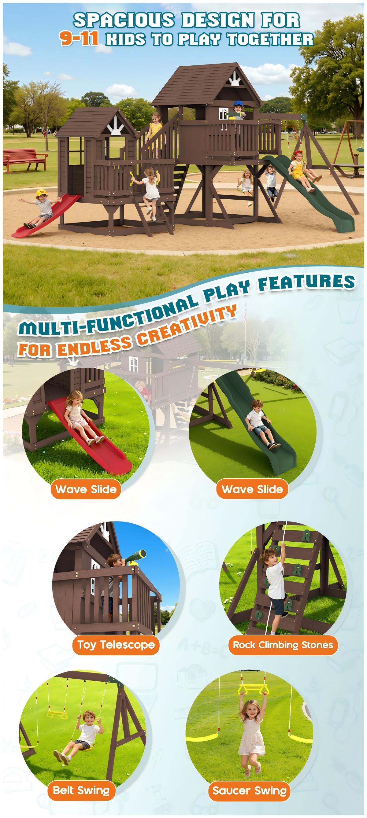 ALBOTT 3 Different Size Wooden Swing Set for Kids, Large Outdoor Wood Playhouse with Double Towers, Wave Slides, Swings, Climbing Wall & Ladder, Backyard Playground for Ages 3–8