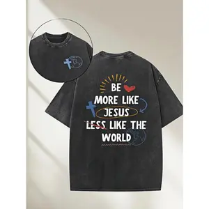 Vintage Washed Cotton Printed Crew Neck T-Shirt With Jesus-Inspired Print, American Street Style For Men, 100% Cotton, Fashionable And Casual Street-Style Tee.A Must-Have For Spring And Summer, And An Ideal Gift For Relatives And Friends.