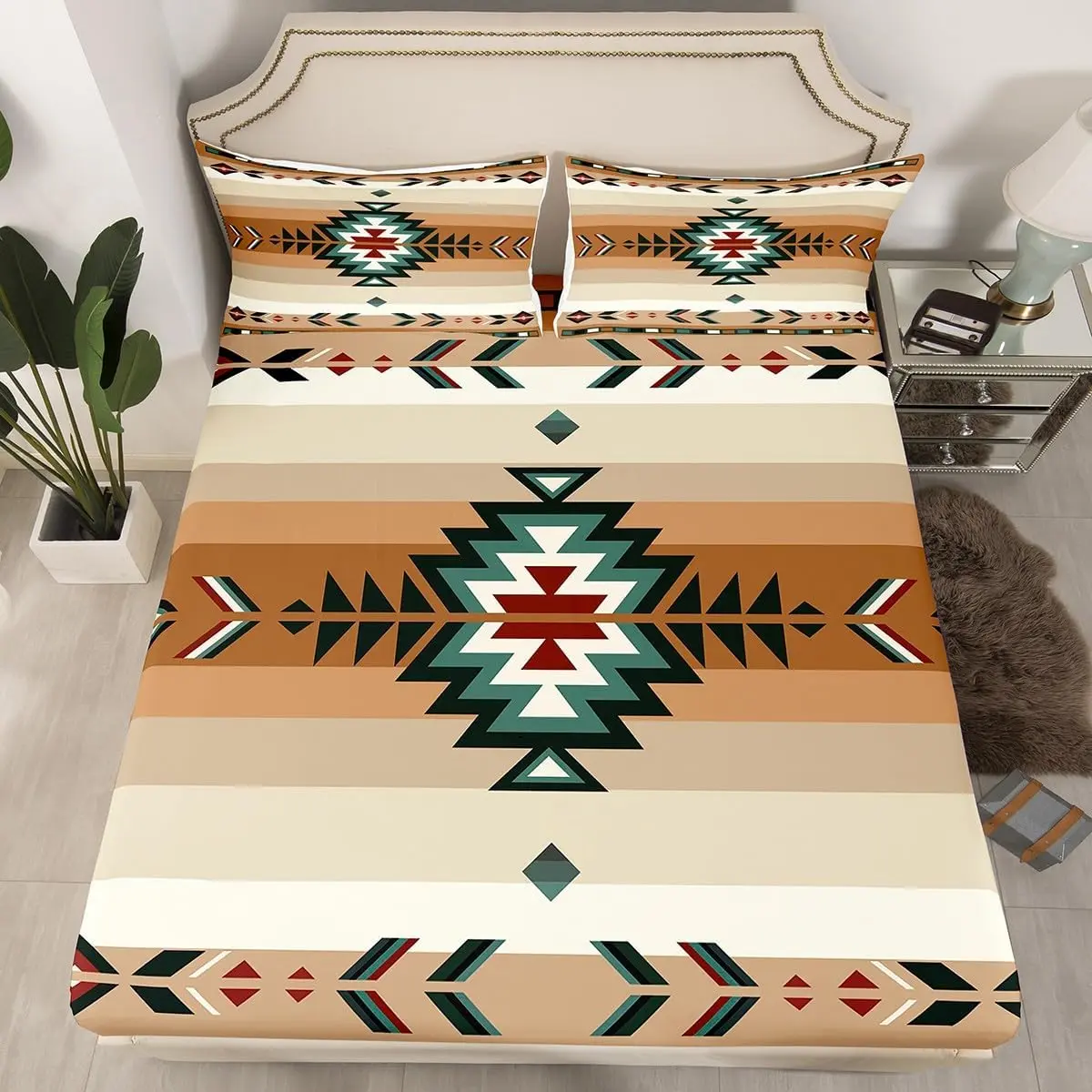 Feelyou Boho Twin Size Bedding Set - Ultra-Soft Machine-Washable Geometric Fitted Sheets, Southwestern Tribal Native Print, Deep Pocket Elastic Fit, Beige for Any Room, Machine-Washable Fitted Sheets