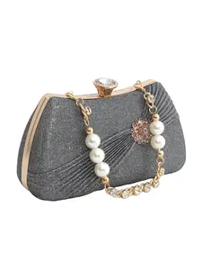 Elegant Rhinestone Unique Touch Women's Evening Bag, Clutch Purse, Handbag, Brooch Rhinestones, Pearl Chain Strap, Wedding Party Shoulder Bag