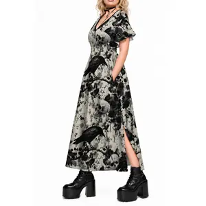 Rgothic Women's Plus Size A-Line Midi Curvy Distressed Casual Dress - Short Sleeve, Floral Skull Crow Branch Print, Split Pockets, Goth Clothes for Spring Autumn, Curvy Casual Dresses, Distressed Casual Dresses