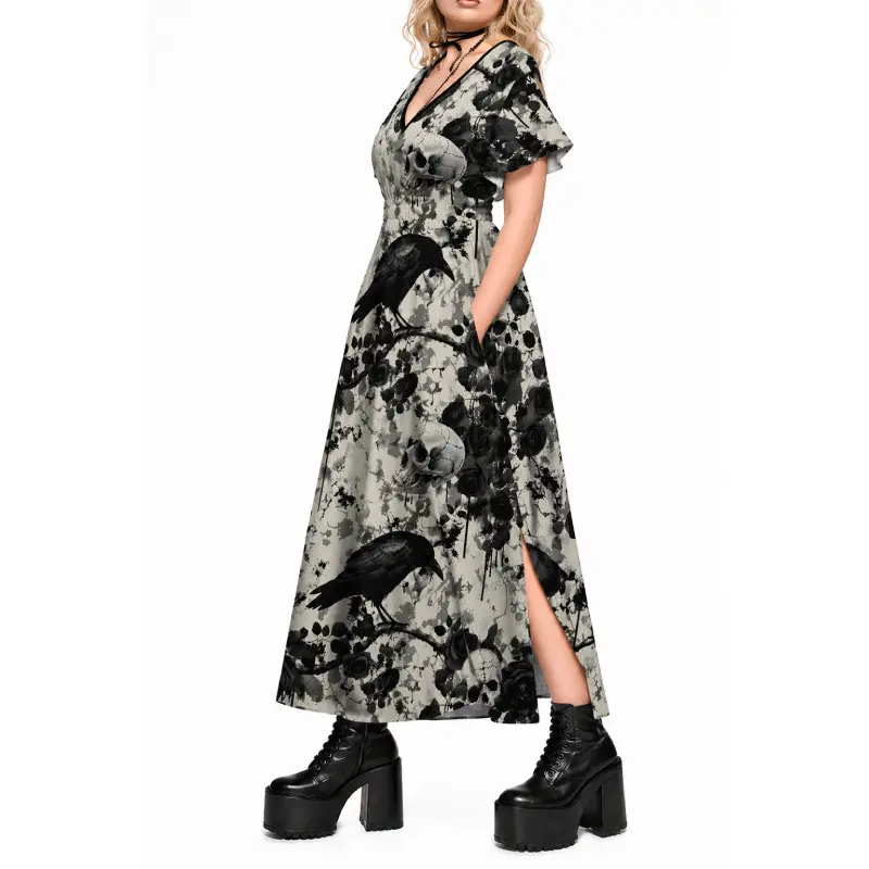Rgothic Women's Plus Size A-Line Midi Casual Dress - Short Sleeve, Floral  Skull Crow Branch Distressed Print, Split Pockets, Spring Autumn Outfit  summervibes - TikTok Shop