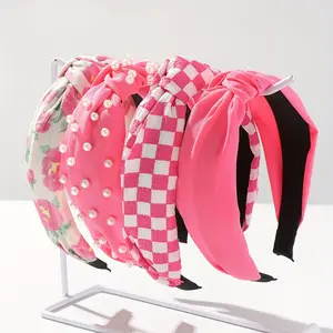 4 Pieces Elegant Wide Headband Faux Pearl Decor Knotted Hair Hoop Flower Print Hairband Suitable for Women and Daily UseGift