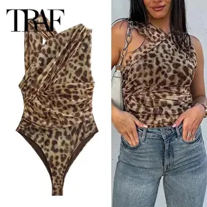 TRAF 2025 Leopard Print Mesh Bodysuit Women Off Shoulder Tulle Sexy Woman Bodys Sleeveless Tight Bodysuit Lingerie Summer Tops