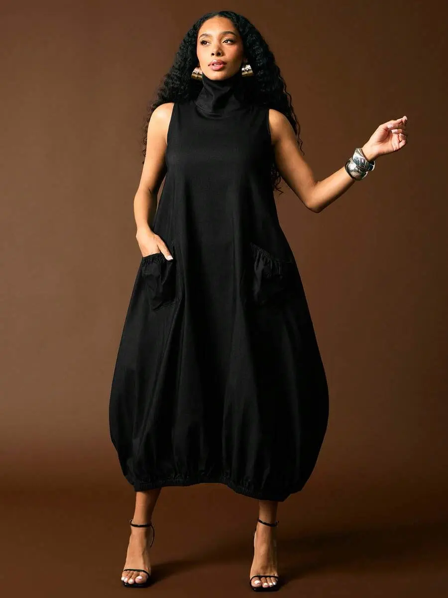 Vixey Mock Neck Sleeveless Gathered Hem Structured Woven Dress