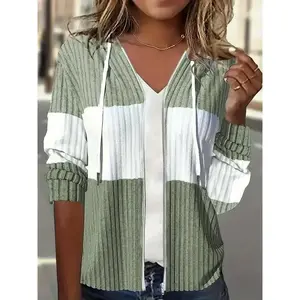 Color Block Zip Up Drawstring Hoodie, Casual Long Sleeve Rib Knit Sweatshirt, Women's ClothingGiftGift