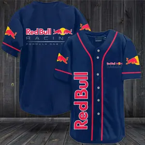 Red Bull Racing F1 Inspired Baseball Jersey – Navy Blue Button Down Sports Shirt with Racing Team Style Graphic Print, Unisex Streetwear Motorsport Jersey, Casual Summer Outfit, Trendy Auto Fan Gift for Men Women