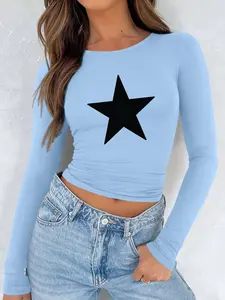 Spring Fall Fashion Thin Crop Women Tops,Simple Round Neck Slim Star Printed Graphic , Sexy Fitted Short Design, Women's Long Sleeve T-Shirt,Women Tops