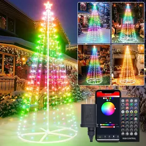 8ft Smart Led Christmas Cone Tree Light,Outdoor Lighted Christmas Tree 325 Led Lighted Artificial Tree with Star Topper, Remote App Control, DIY Colors Led Light Show Tree for Outdoor Decorations