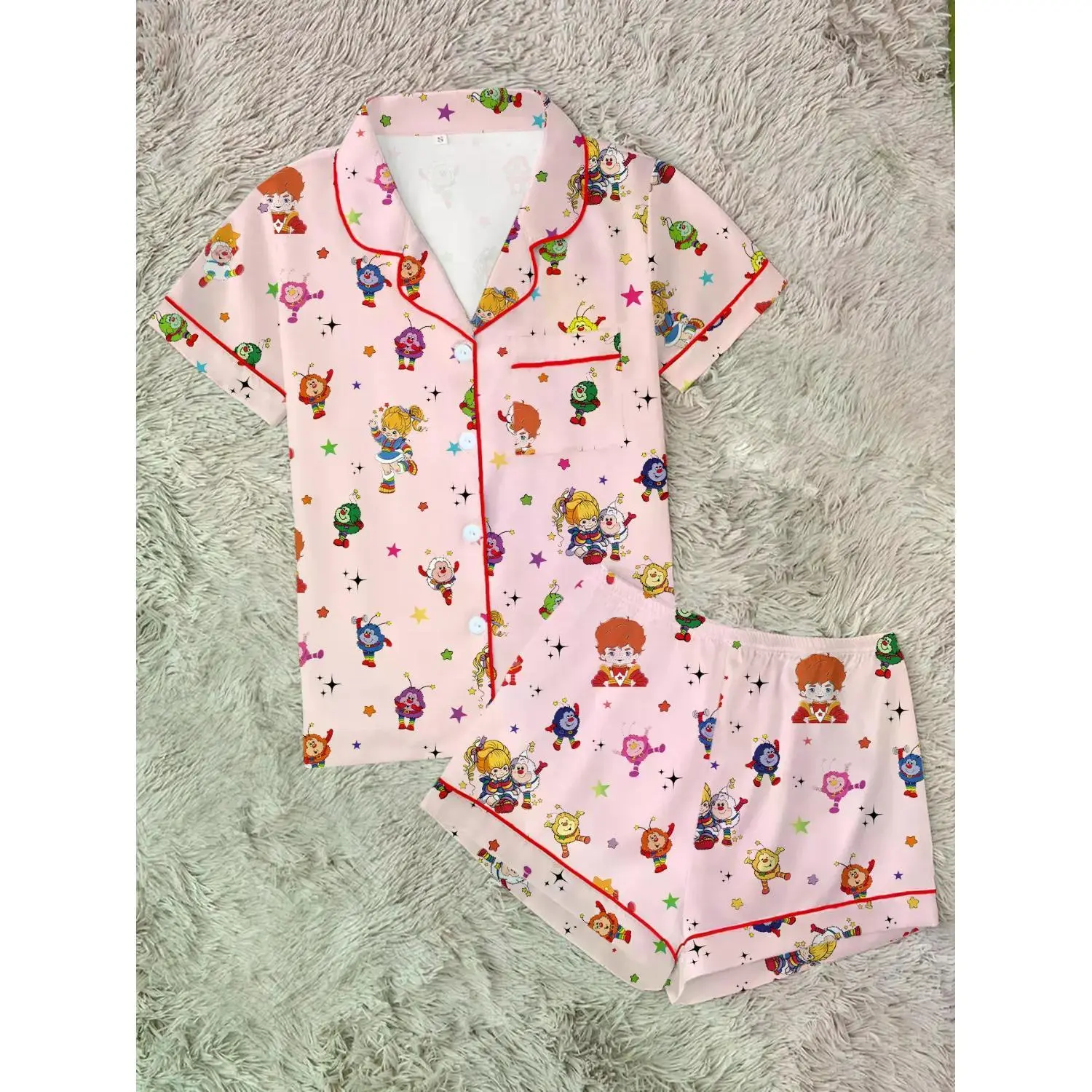 Women's Rainbow Girl Print Pajama Set - Comfortable Two-Piece Sleepwear for All Seasons, Short Sleeve Button-Up Top and Elastic Shorts, Casual Loungewear