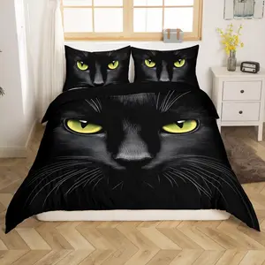 Feelyou Black Cat with Yellow Eyes Printed Duvet Cover Set - Breathable Microfiber Bedroom Bedding, Decorative Pet-Themed Bed Decor with Zipper Closure, No Comforter, Bedroom Bedding Set, Breathable Duvet Set