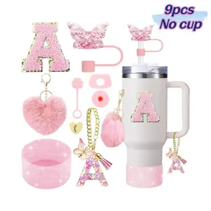 No Cup,Stanley Cup Accessories Set, 9-Piece Aesthetic Letter Design, Includes Butterfly Straw Lid, Pom Keychain, Handle Decor