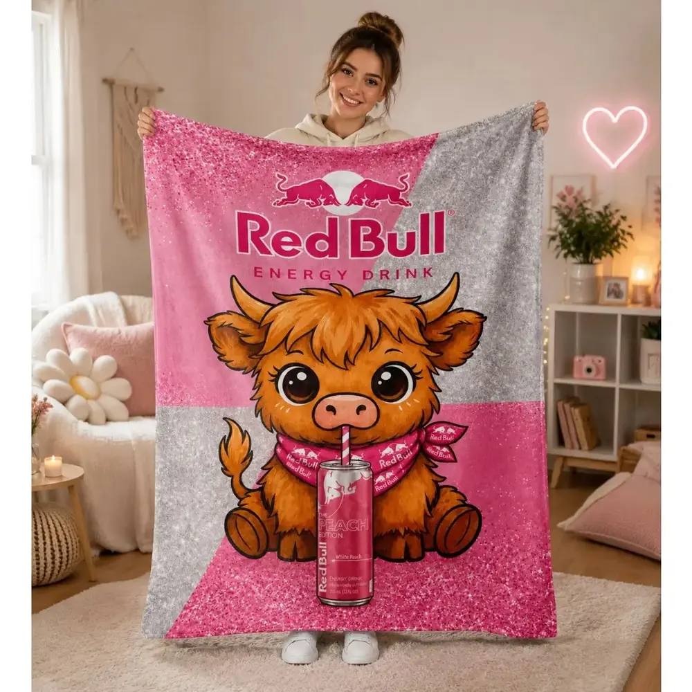 Red Bull Peach Edition Highland Cow Flannel Throw Blanket, Energy Drink-Inspired Funny Warm & Cozy Throw Blankets, Soft Plush for Home Decor Couch, Cute Fan Gift for Holiday Birthday, Warm & Cozy Blankets