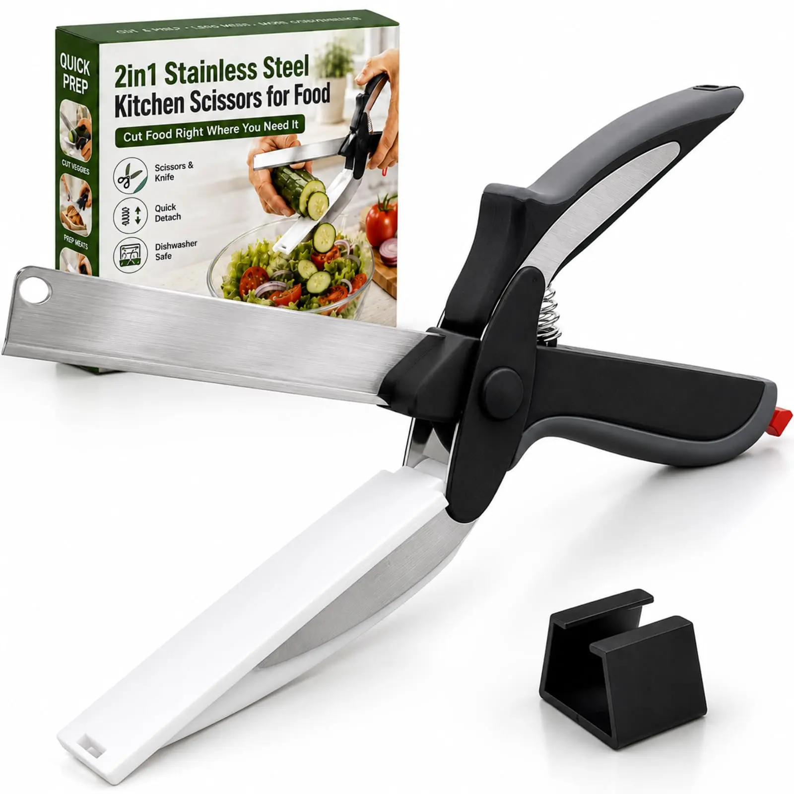2-in-1 Kitchen Food Scissors with Built-In Cutting Board & Safety Lock, Dishwasher Safe Multi-Purpose Cutter for Vegetables, Fruit, Cheese & Meat