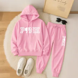 Women's Pink Girl Print Hoodie And Drawstring Track Pants Set, Casual Sportswear, Long-Sleeved Hooded Jacket And Pants, Suitable For Autumn And Winter, Everyday Wear, Indoor And Outdoor Sportswear, Sportswear Set, Casual Sportswear