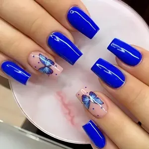 24pcs Dark Blue Fake Nails, Medium Pink Press On Nails With Butterfly And Polka Dot Design, Glossy Full Cover Square False Nails For Women And Girls
