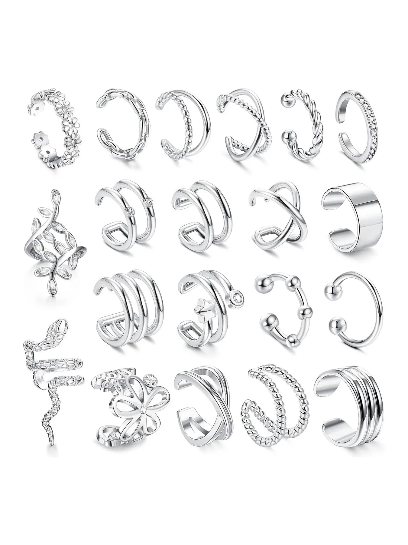 Mixed Shape Non Piercing Ear Cuff Set, Ear Cuffs Non Piercing, Earring Stacking Set, Hoop Earring Sets, Snake & Flower & Leaf Design Fashion Versatile Earrings for Women & Girls, Trendy All-match & Exquisite Jewelry for Birthday Gift Earcuff