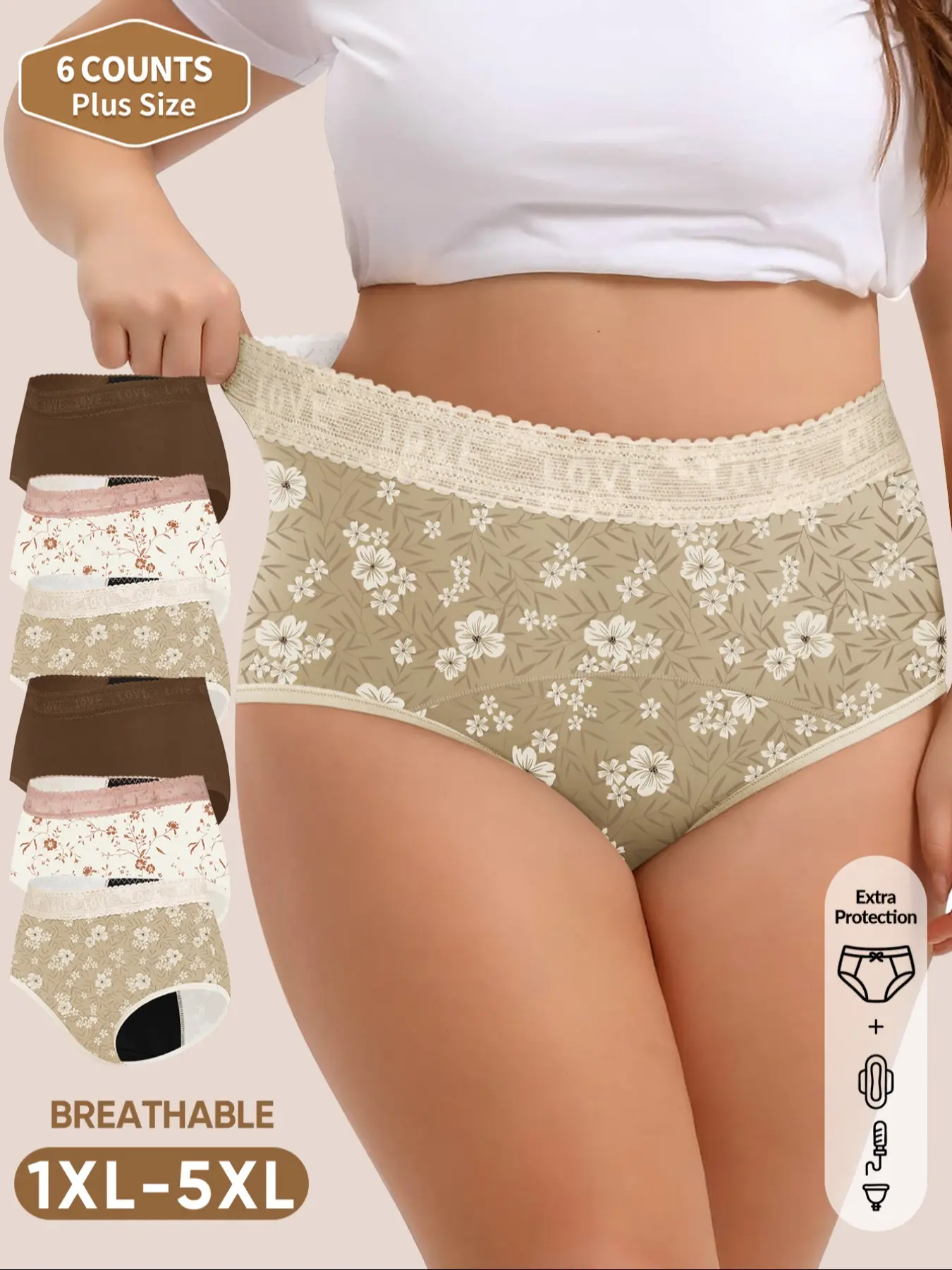 6-Pack MEIYATING  Plus Size Casual Everyday Breathable Print Period Underwear for Women, Soft Leak-Proof Panties, Comfortable Waistband, Suitable for Mild Incontinence