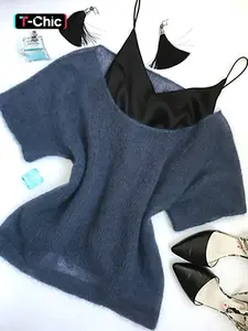 Women's Round Neck Solid Color Batwing Short Sleeve Knit Top, Soft and Lightweight, Comfortable Fashion Casual Versatile Spring Summer Wear Knitwear
