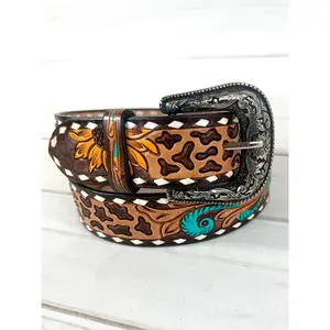 Leopard Sunflower Tooled Leather Woman’s Belt