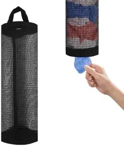 1PCS Mesh Grocery Bag Holder, Hanging Storage Dispenser Organizer for Plastic Bags, Reusable Trash Bags, and Fresh Produce in Home Kitchen Pantry (Black)