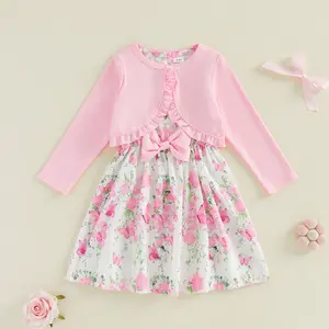 3-10 Years Toddler Girl Floral Butterfly Print Sleeveless A-Line Dress & Long Sleeve Cardigan 2 Piece Set, Casual Cute Kids Outfit