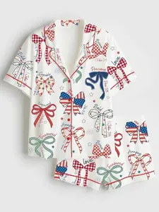 USA 250th Anniversary Patriotic Pajamas Satin Silk Set, 4th of July Pajamas Sets, USA Flag Coquette Bow Patriotic Premium Satin Pajamas, Gift For Her, Independence Day Fourth of July Pajama Set, Women Sleepwear