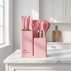 19-Piece Kitchen Knife Set with Heat-Resistant Silicone Cutlery & Wooden Handles - Includes Chef Knife, Non-Stick Compatible Tools, pots pans set Valentine's Day and More Cookware non stick pots and pans Kitchenware Nonstick Ladle Stylish White Pink