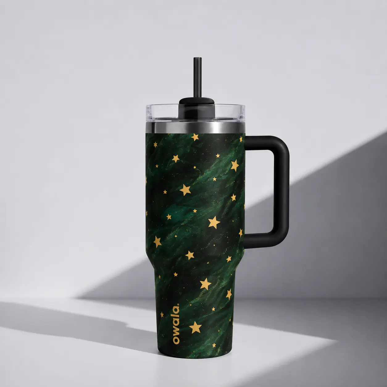 40oz Dark Green Galaxy Owala Tumbler with Handle and Straw Lid, Starry Night Insulated Stainless Steel Travel Cup, Aesthetic Space Design Water Bottle for Women, Gym, Car & Daily Hydration
