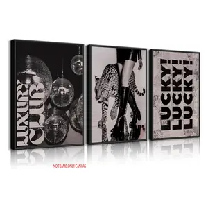 3-Piece Set / Black Fashionable Leopard Print Wall Art: Stylish Cheetah Poster, Cool Disco Ball Painting, Lucky Retro College-Style Canvas Art. Luxurious Aesthetic Wall Decor. Perfect for bedrooms, apartments, and dorm rooms. 2D flat, frameless.