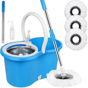 Spin Mop and Bucket Set, 360° Spin Mop and Bucket with Wringer Set and 3 Microfiber Mop Refills and 61" Extended Handle, Spinning Mop Bucket for Floor Cleaning, Blue BOP Products