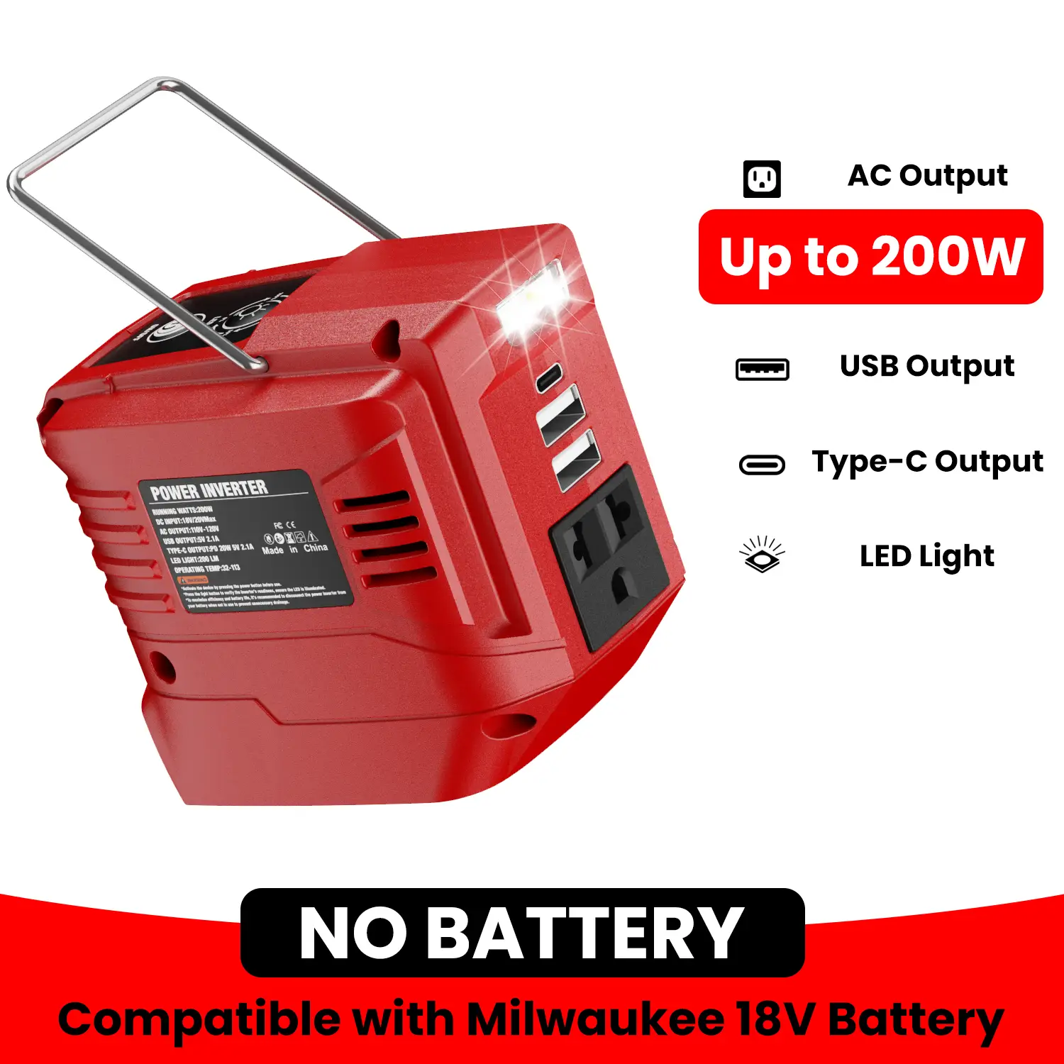 【No Batteries】200W Power Inverter for Milwaukee M18 Battery, Battery Not Included, DC 18V to AC 110-120V Battery Inverter, Portable Power Station Gene