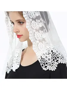 White Bride Embroidered Flower Lace Edged Shawl Muslim Headscarf Modest Hijab