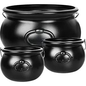 3PCS Halloween Cauldron Decor, 12.6" and 7.68" Witch Cauldron Buckets, Plastic Black Candy Holder Pot Spooky Punch Bowl for Halloween St Patrick's Day Party Trick or Treat Favors
