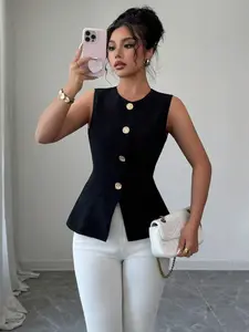 New Fashion Sleeveless Waist Cinched Jacket, Vest, Womenswear, Buttons, Versatile Daily Wear, Stylish Women's Outerwear