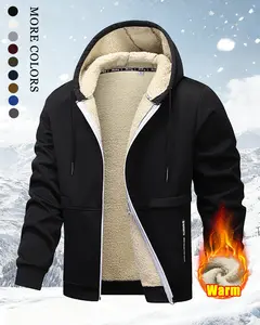 Men's Plain Fitted Long-Sleeve Polyester-Wool Fleece-Lined Thick Warm Full-Zip Hoodie, Menswear Tops, Suitable for Everyday Casual Wear