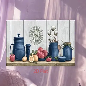 Farmhouse Still Life Canvas Wall Art for Kitchen & Living Room - Rustic Blue & White Country Home Decor Print Featuring Fruit & Pottery Set Artwork
