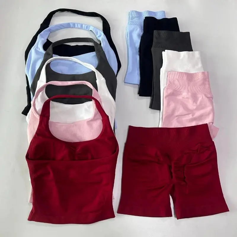2pcs Gym Set Women Halter Tops High Waist Scrunch Seamless Shorts Fitness Clothes Activewear Workout Set Outfits Gym Suit1234