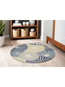 HomeRoots 5 ft. Round Geometric Power Loom Area Rug, Blue & Beige, Abstract Design, Home Decor Piece, Living Room Accent, Dining Room Addition, Abstract Area Rugs, Home Decor Rug