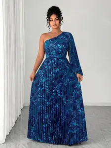 Women's Elegant A-Line Long Dress, Cloak Sleeves, Asymmetrical Neckline, Unique Color, Casual Fashion, All over Print