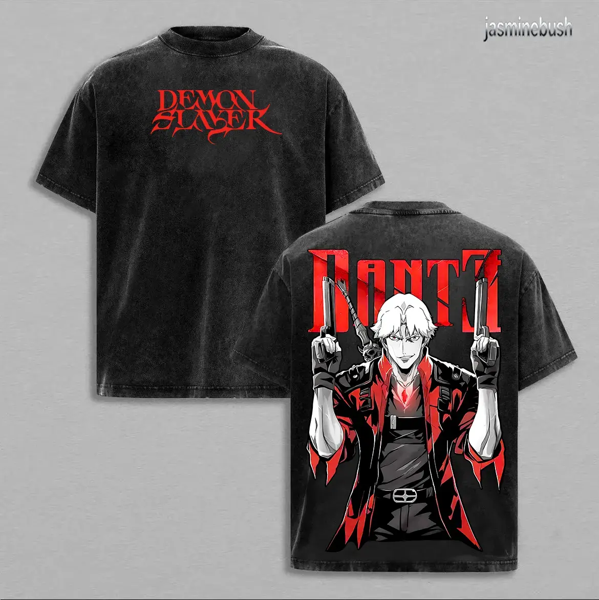 Devil May Cry Dante Acid Washed Oversized Graphic T-Shirt Round Neck Short Sleeve Summer Casual Everyday Top Machine Washable High Res Vector 2D Effect Pure Black White Background Double Printed Soft Game Streetwear Gift For Anime Gaming Lovers Apparel