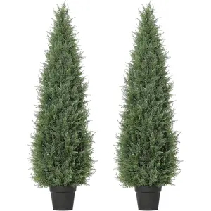 Gaomon 2-Pack 4FT Plastic Artificial Cedar Topiary Trees, UV-Resistant Faux Potted Fake Trees with Wood Leaves & Decorative Fruit for Porch, Patio, Indoor Decor