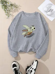 Women's Cartoon Turtle & Letter Print Drop Shoulder Sweatshirt, Casual Long Sleeve Round Neck Pullover for Fall & Winter, Ladies Clothes for Daily Wear