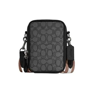 COACH Stanton 13 Mini Crossbody Bag for Men – Classic Pebbled Canvas and Leather, Black Monogram