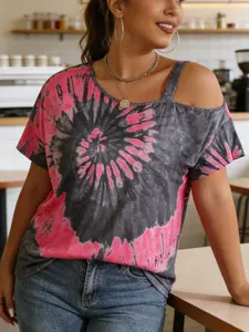 Fashion Tie-Dye Off-Shoulder Short Sleeve T-Shirt, Loose Fit Hollow Out Design, Summer Casual Street Style Top