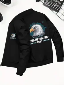 Men's Eagle Champion Pattern Fitted Pilot Jacket, Stand Collar Zipper Casual Outdoor Jacket with Pockets, Fall Winter Washable Sport Style