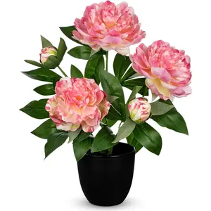 15" Peonies Artificial Flowers in Pot, Pink Faux Peony Flowers Arrangement with 3 Blooms 2 Buds, Decorative Potted Floral Centerpieces for Home Table Office Desk Kitchen Counter Farmhouse Decor