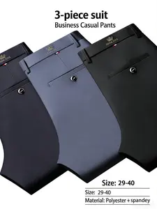 3-Pack Men's Business Casual Trouser Pants, Classic 3 Colors, High Stretch Fabric, Wrinkle-Resistant No-Iron, Superior Drape, Easy Care, Slim Fit, Breathable, All-Season, Versatile for Work/Daily/Travel, Luxury Crown Logo, Premium Fashion