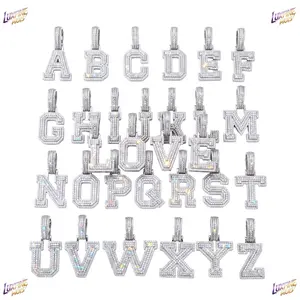 ③LUXFINE MOIS Iced Out A-Z Initial Letter Pendant, Baguette & Round Cut Moissanite Full Paved Hip Hop Necklace Pendant, White Gold Plated, Pass Diamond Tester for Men Women