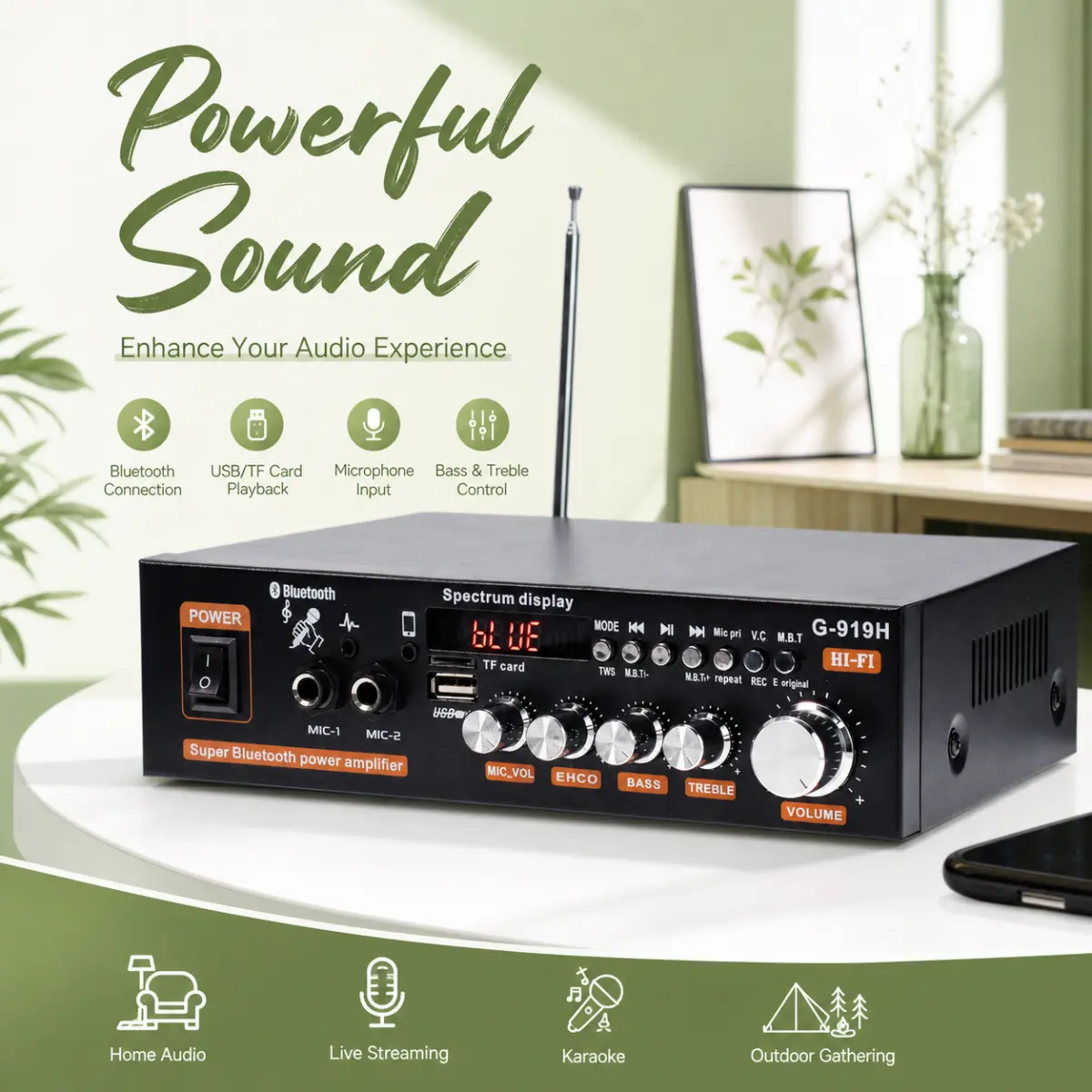G-919H Hi-Fi Stereo Bluetooth Amplifier, Dual Microphone Karaoke Audio Amplifier with Spectrum Screen & Remote Control for Smart Home Audio Systems
